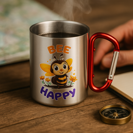 Bee Happy – Edelstahltasse mit Karabinergriff