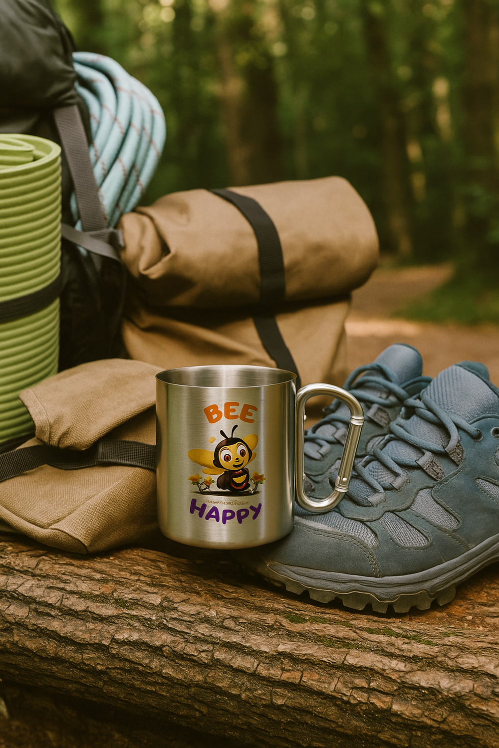 Bee Happy – Edelstahltasse mit Karabinergriff