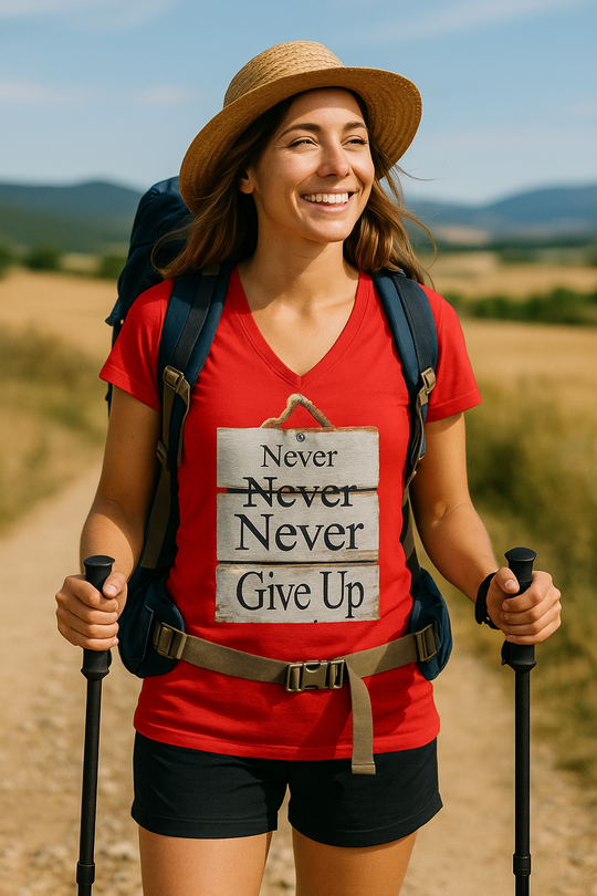 Never give up – Damen V-Neck T-Shirt aus Bio-Baumwolle