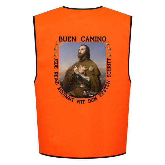 buen camino-warnweste-leuchtorange-rueckenansicht